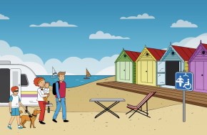 Illustration of a family with a blind child and guide dog walking along a beach front