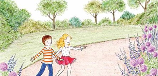 Illustration of a boy and girl walking through a park with flowers and trees