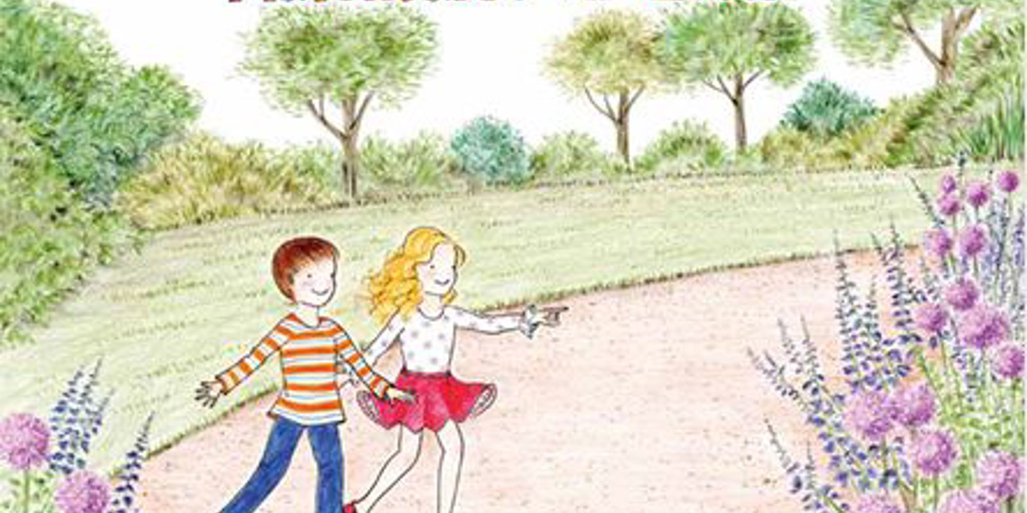 Illustration of a boy and girl walking through a park with flowers and trees