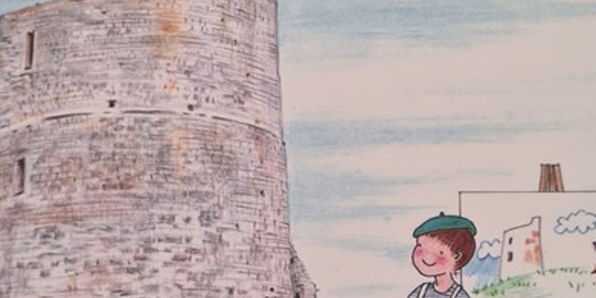 A drawing of a stone tower and two children painting the tower using an easel