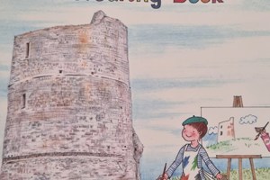 A drawing of a stone tower and two children painting the tower using an easel