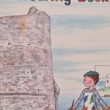 A drawing of a stone tower and two children painting the tower using an easel