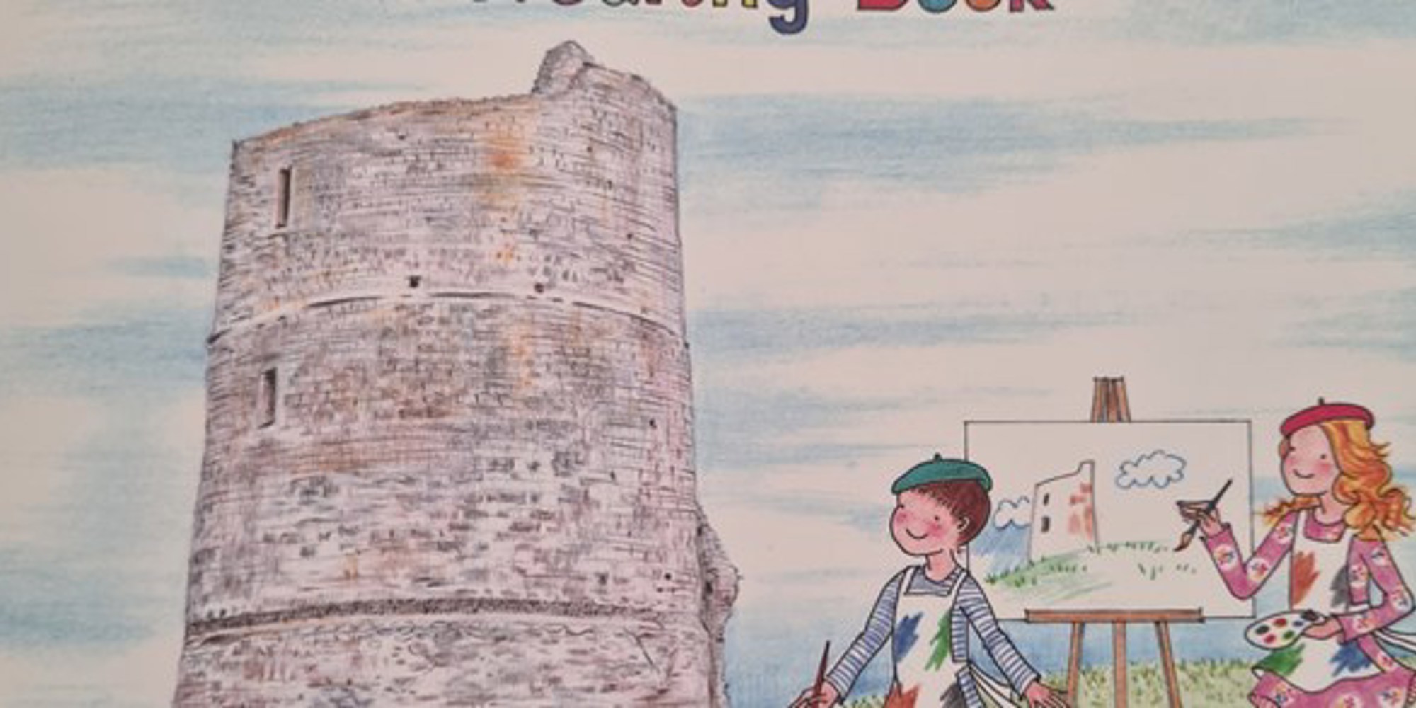 A drawing of a stone tower and two children painting the tower using an easel