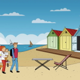 Illustration of a family with a blind child and guide dog walking along a beach front