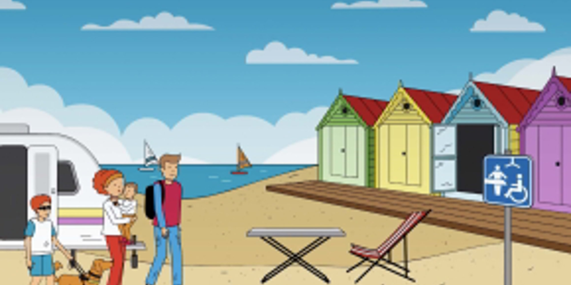 Illustration of a family with a blind child and guide dog walking along a beach front